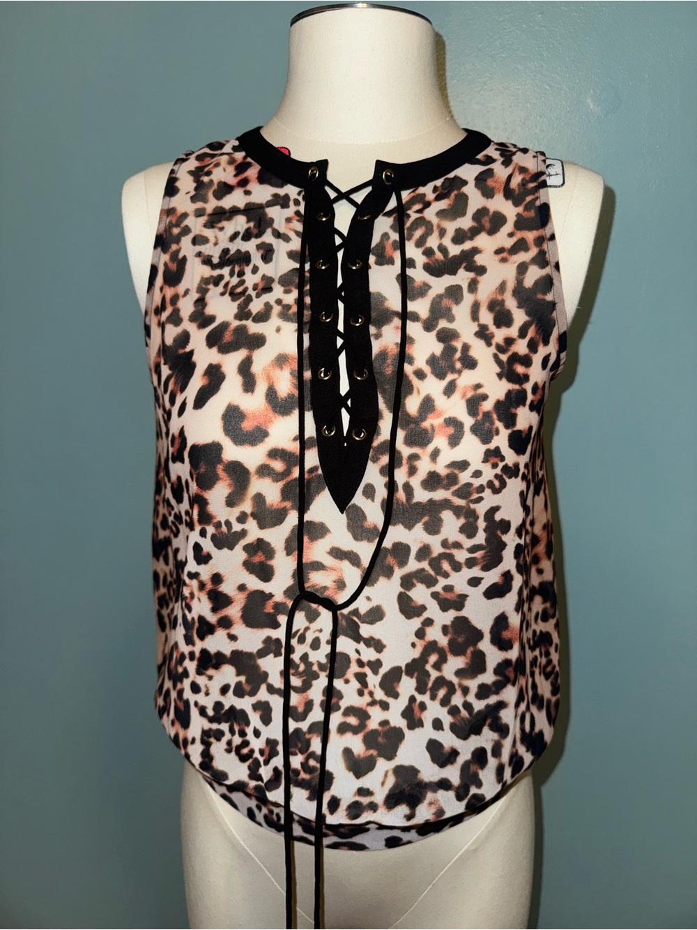 NWT BEBE Lace-Up Leopard Print Sleeveless Sheer Top - Black & Cream Size Small